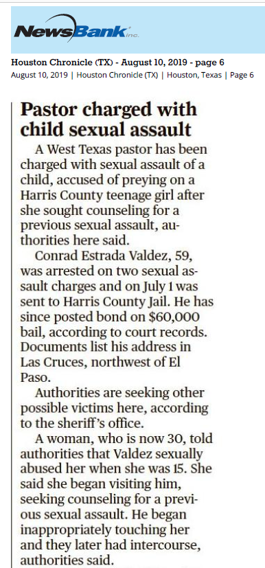Pastor Charged with child sexual assault
Houston Chronicl, August 10, 2019