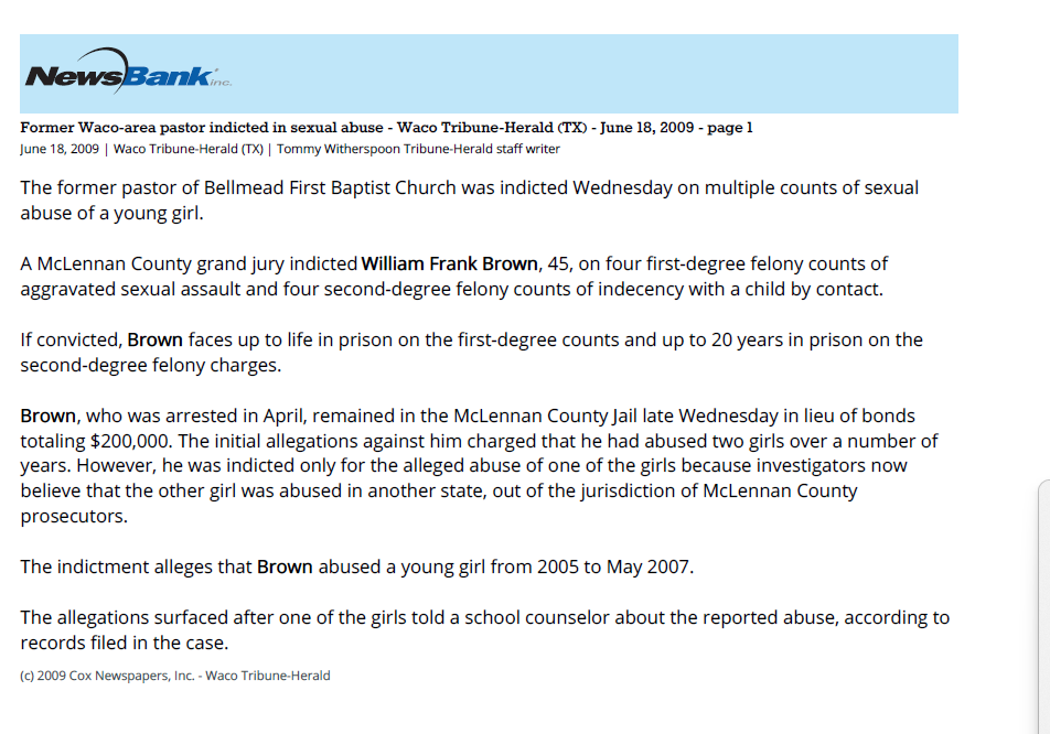 Former Waco-area pastor indicted in sexual abuse - Waco Tribune Herald, June 18, 2009 page 1