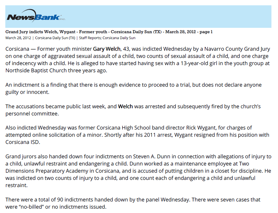 Grand jury indicts Welch, Wygant
Corsicana Daily Sun
March 28, 2012