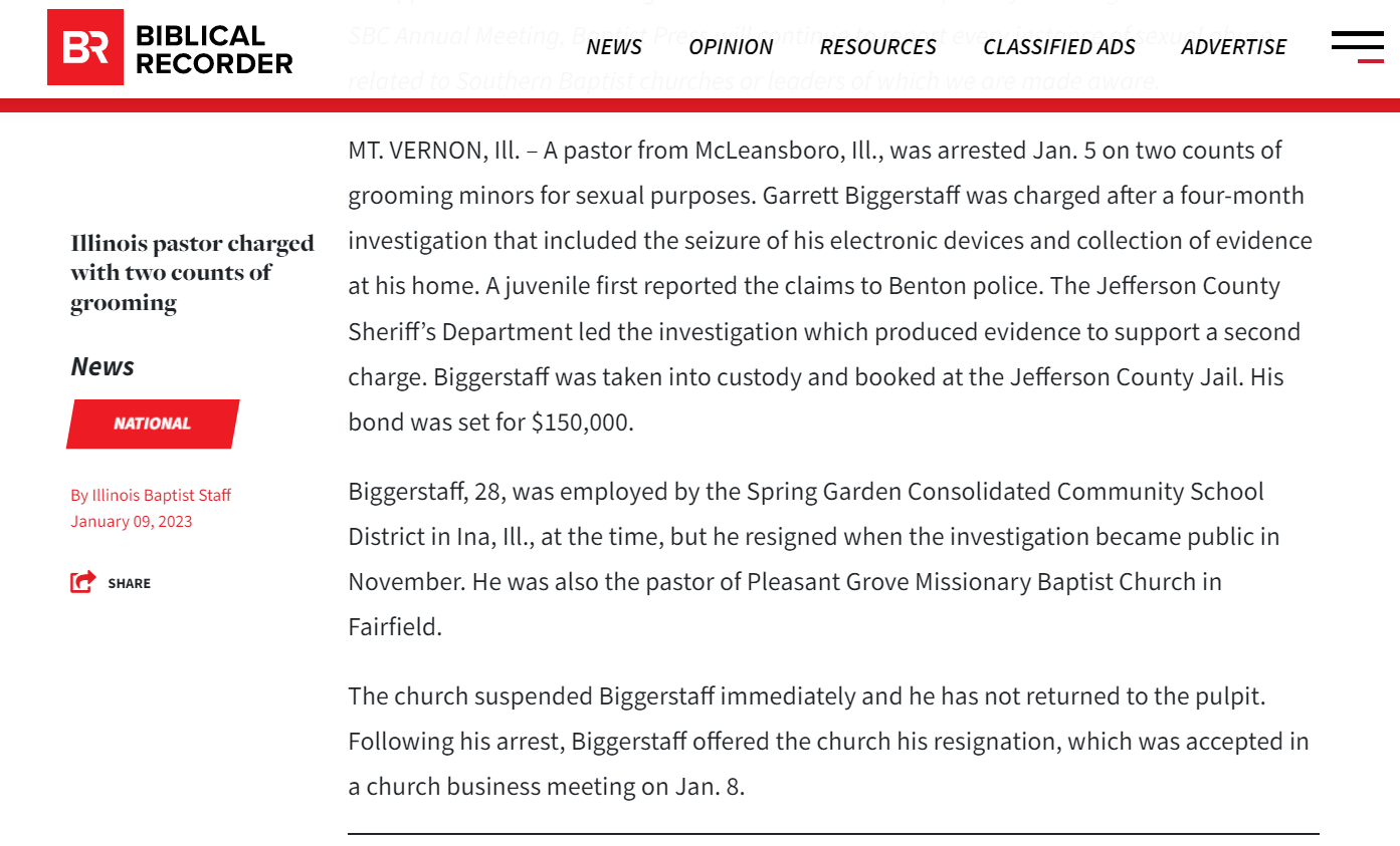 Illinois Pastor Charged with Two Counts of Grooming
Biblical Recorder
January 9, 2023