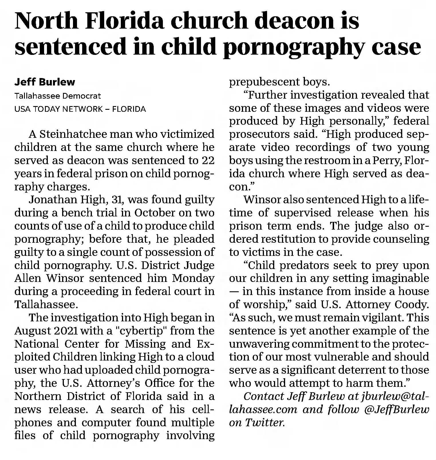 North Floridan church deacon is sentenced in child pornography case
Tallahassee Democrat
Tallahassee, Florida &middot; Thursday, February 16, 2023