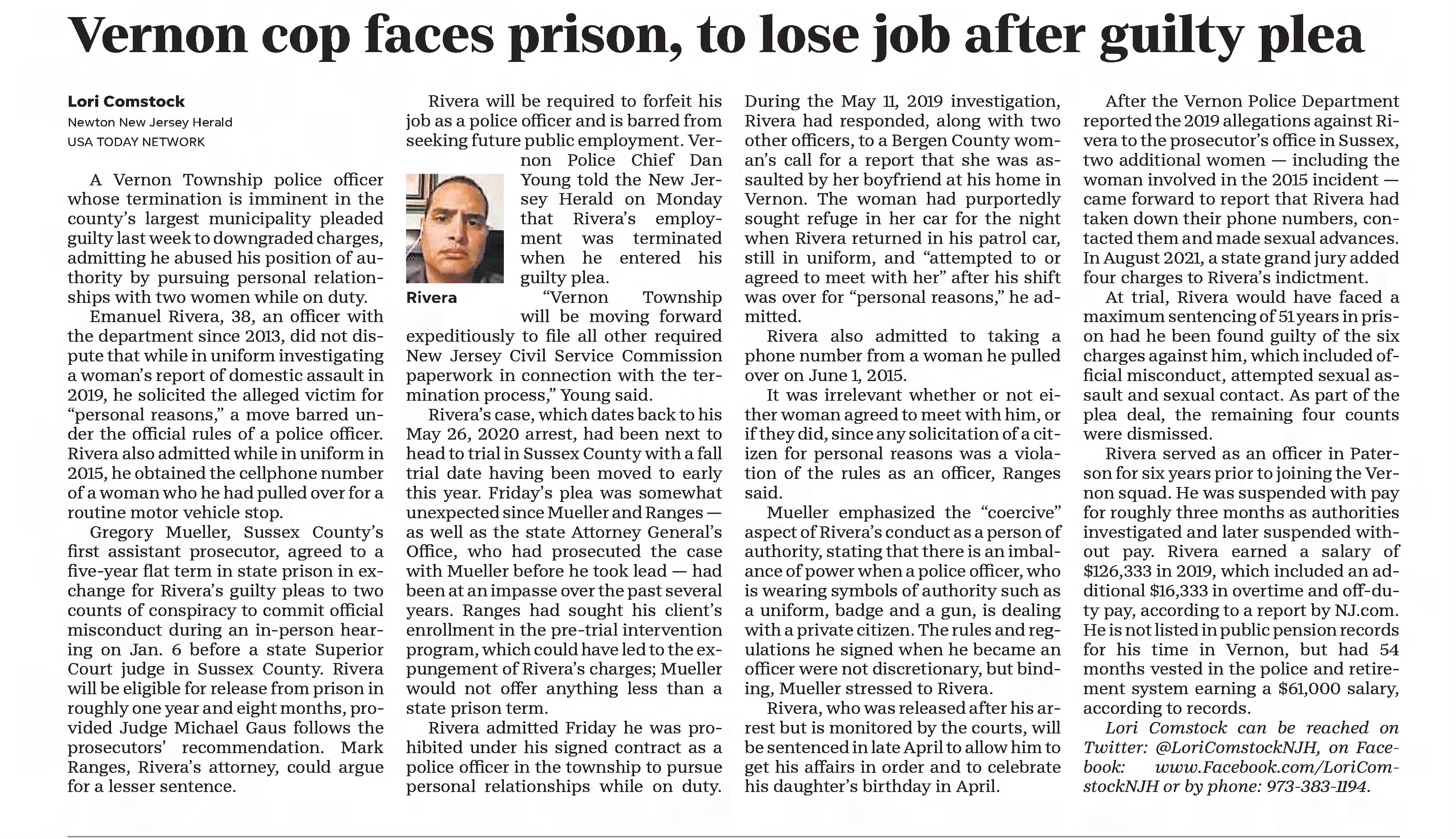 Daily Record
Morristown, New Jersey · Thursday, January 12, 2023
Vernon Cop faces prison, to lose job after guilty please