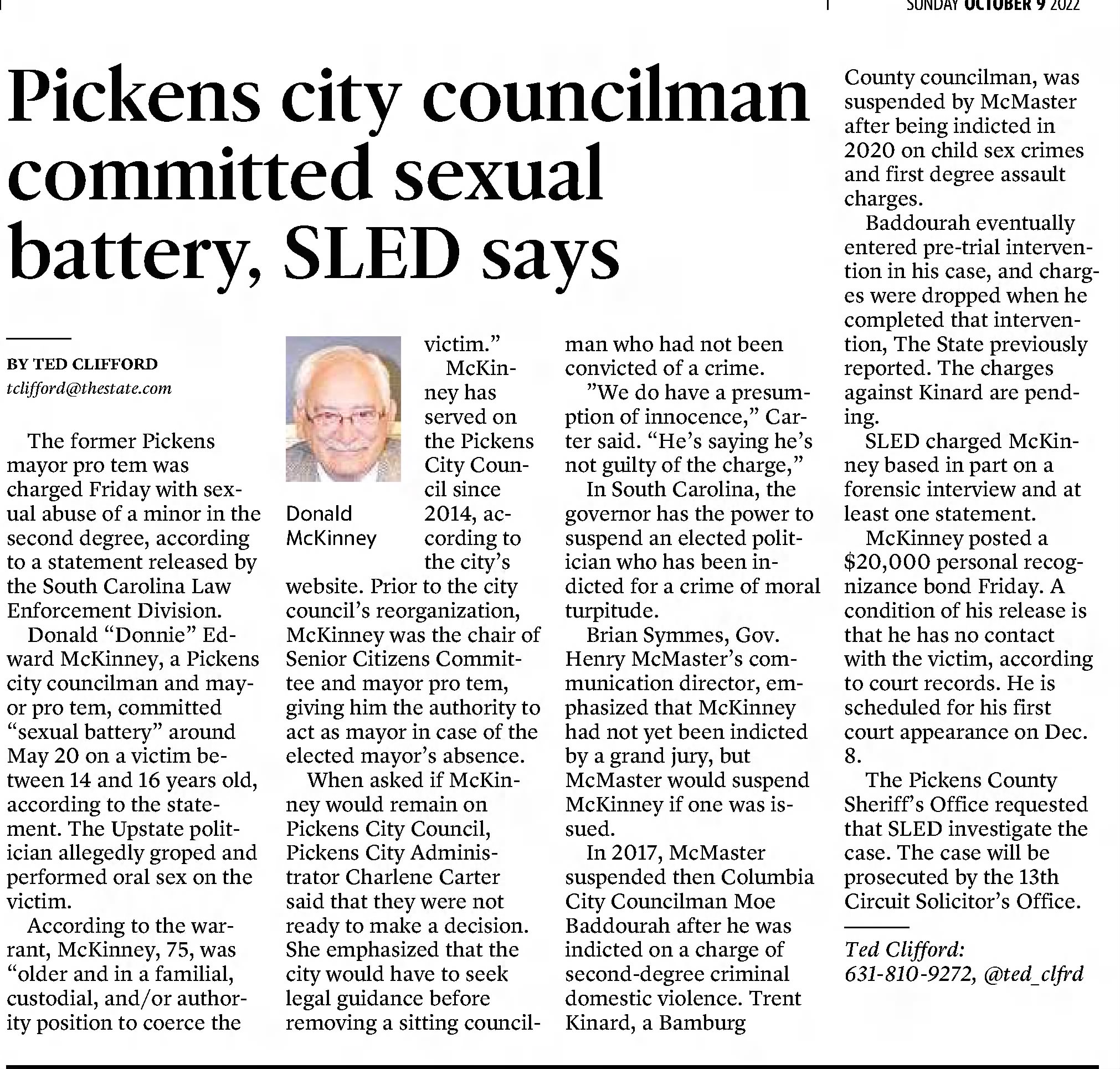 Pickens city councilman committed sexual batter SLED says 
The State
Columbia, South Carolina &middot; Sunday, October 09, 2022