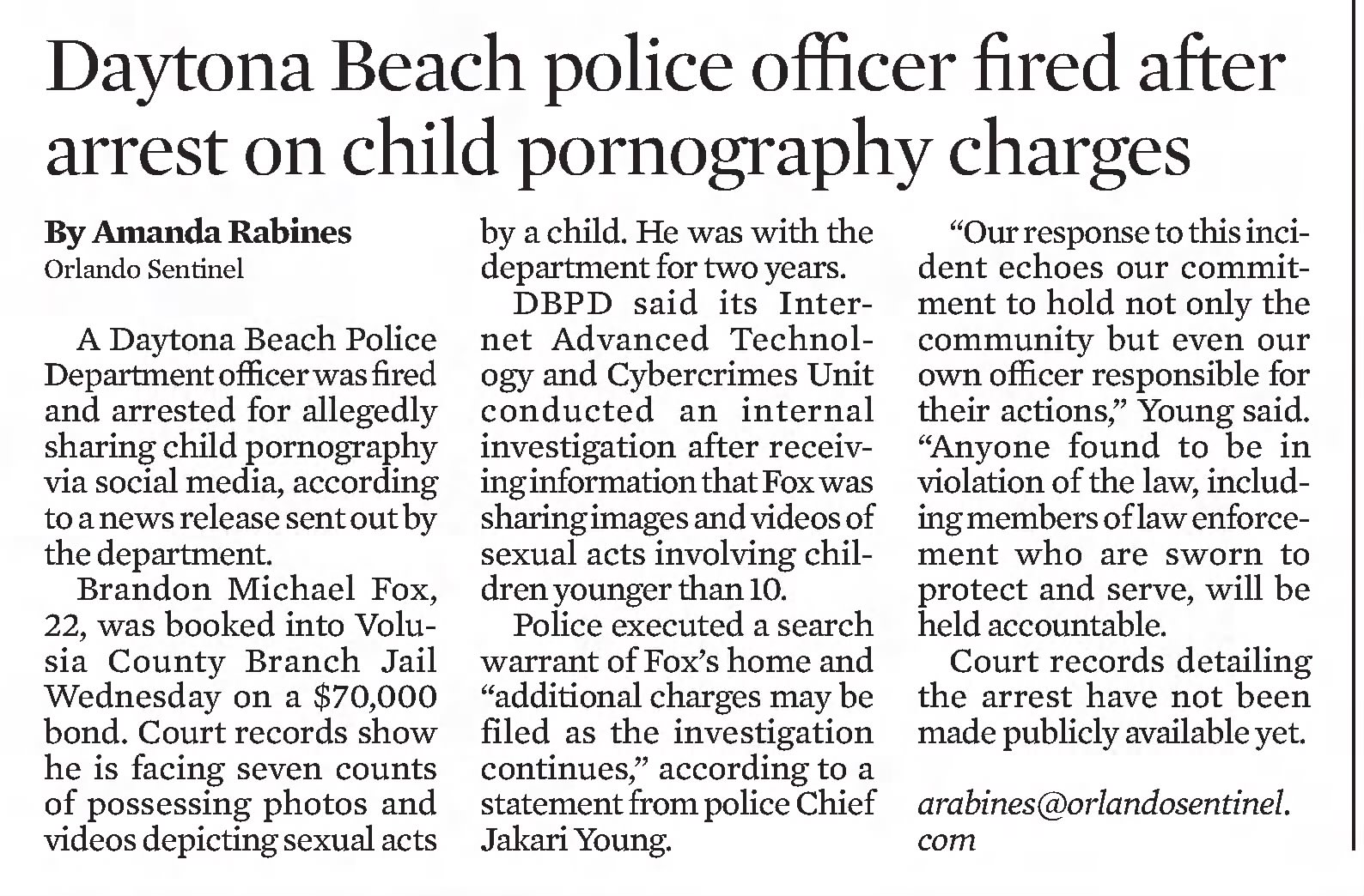 Daytona Beach Police officer fired after arrest on child pornography charges
The Orlando Sentinel
Orlando, Florida · Friday, April 22, 2022