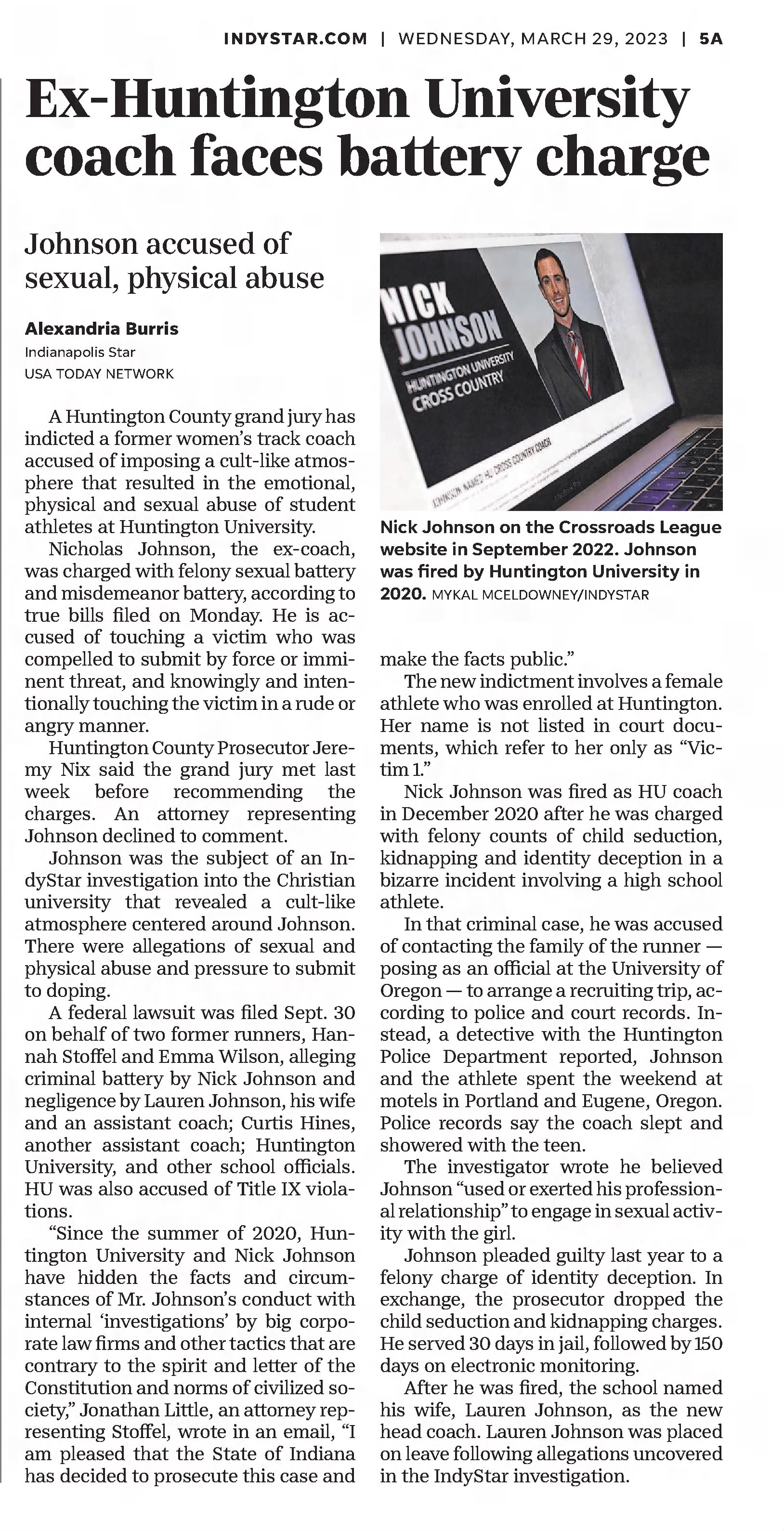 Ex-Huntington University coach faces battery charge
The Indianapolis Star
Indianapolis, Indiana · Wednesday, March 29, 2023