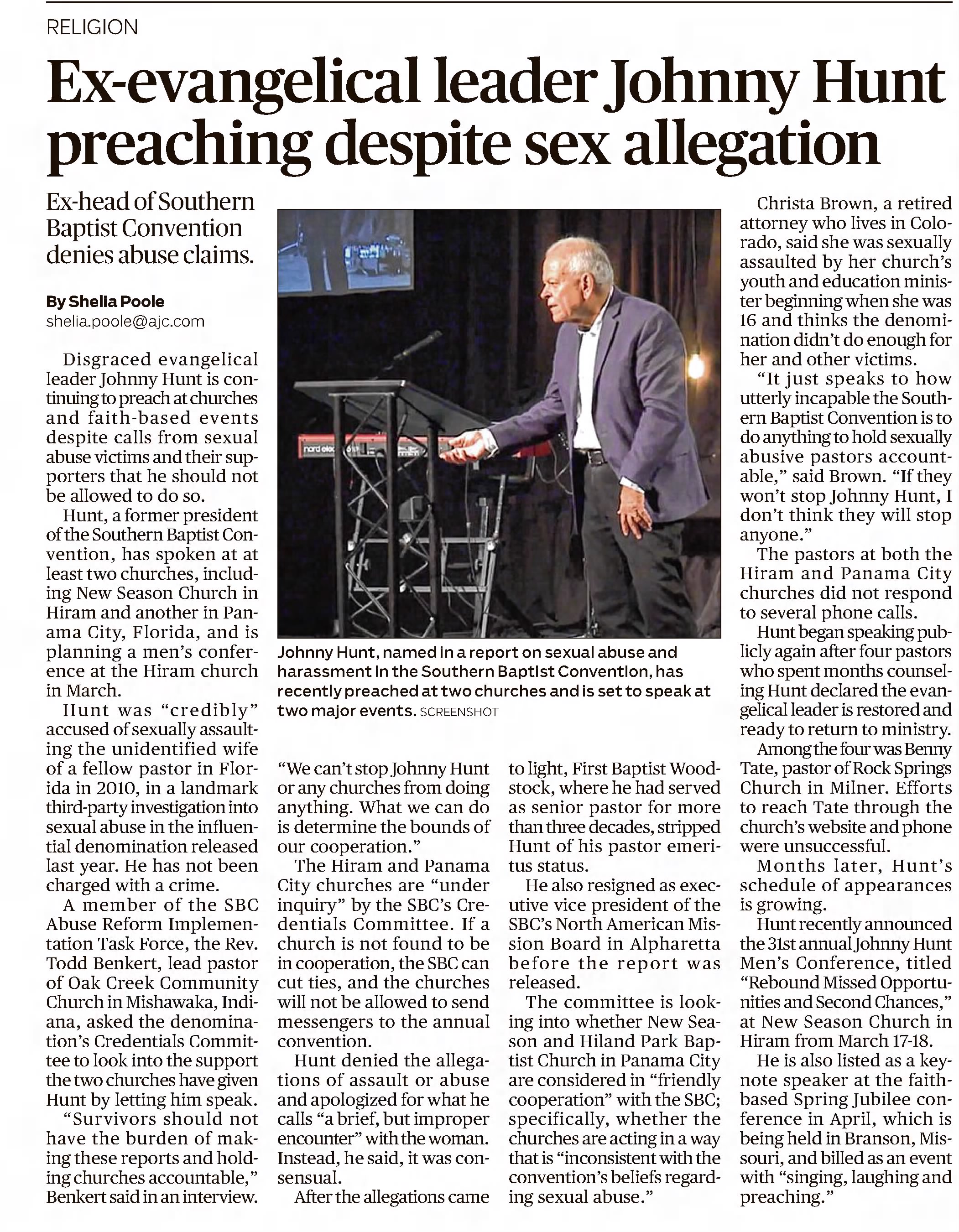 Ex-evangelical leader Johnny Hunt preaching despite sex allegation
The Atlanta Constitution
Atlanta, Georgia · Saturday, February 11, 2023