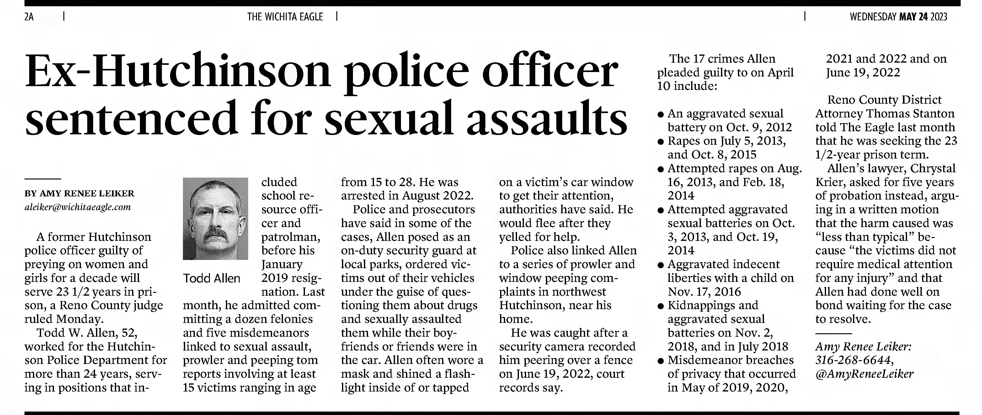 Ex-Hutchinson police officer sentenced for sexual assaults