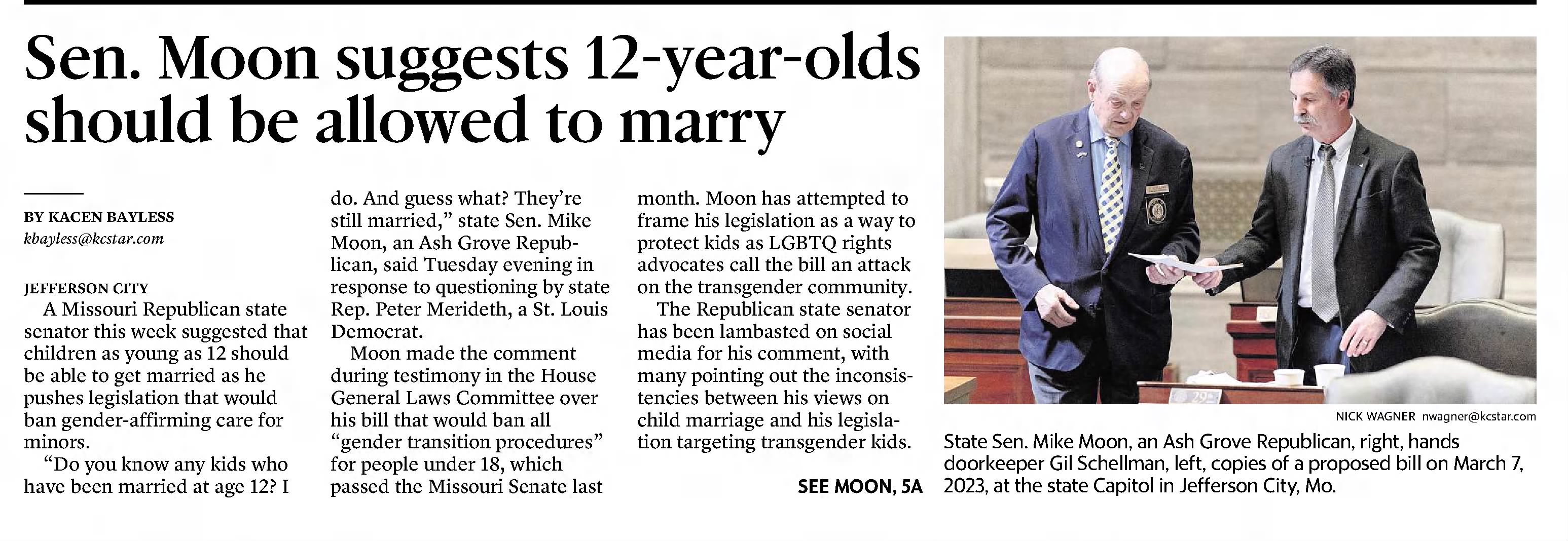 Sen. Moon suggests 12-year-olds should be allowed to marry
The Kansas City Star
Kansas City, Missouri · Friday, April 14, 2023