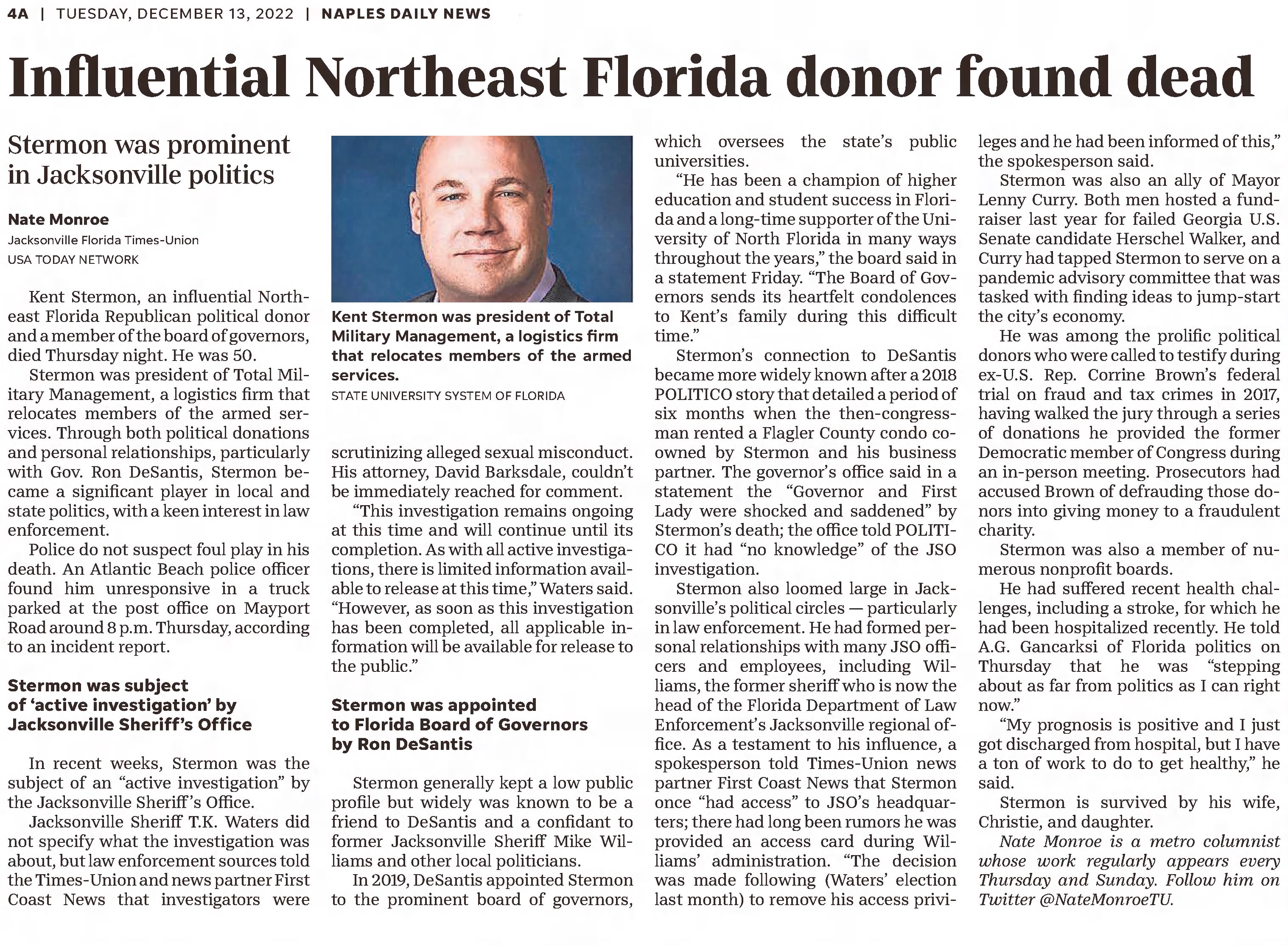 Influential Northeast Florida donor found dead 
The Naples Daily News
Naples, Florida &middot; Tuesday, December 13, 2022