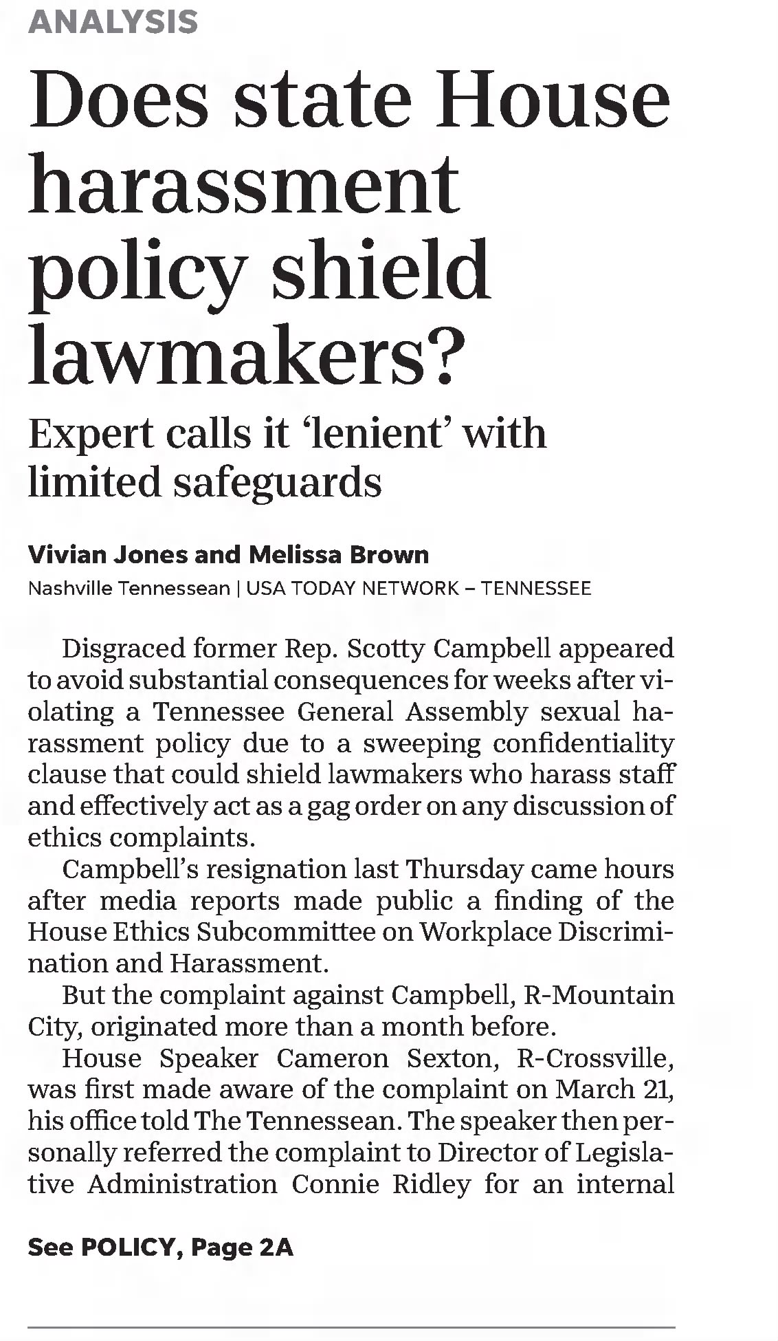 Does state House harassment policy shield lawmakers?
The Daily News-Journal
Murfreesboro, Tennessee · Monday, May 01, 2023