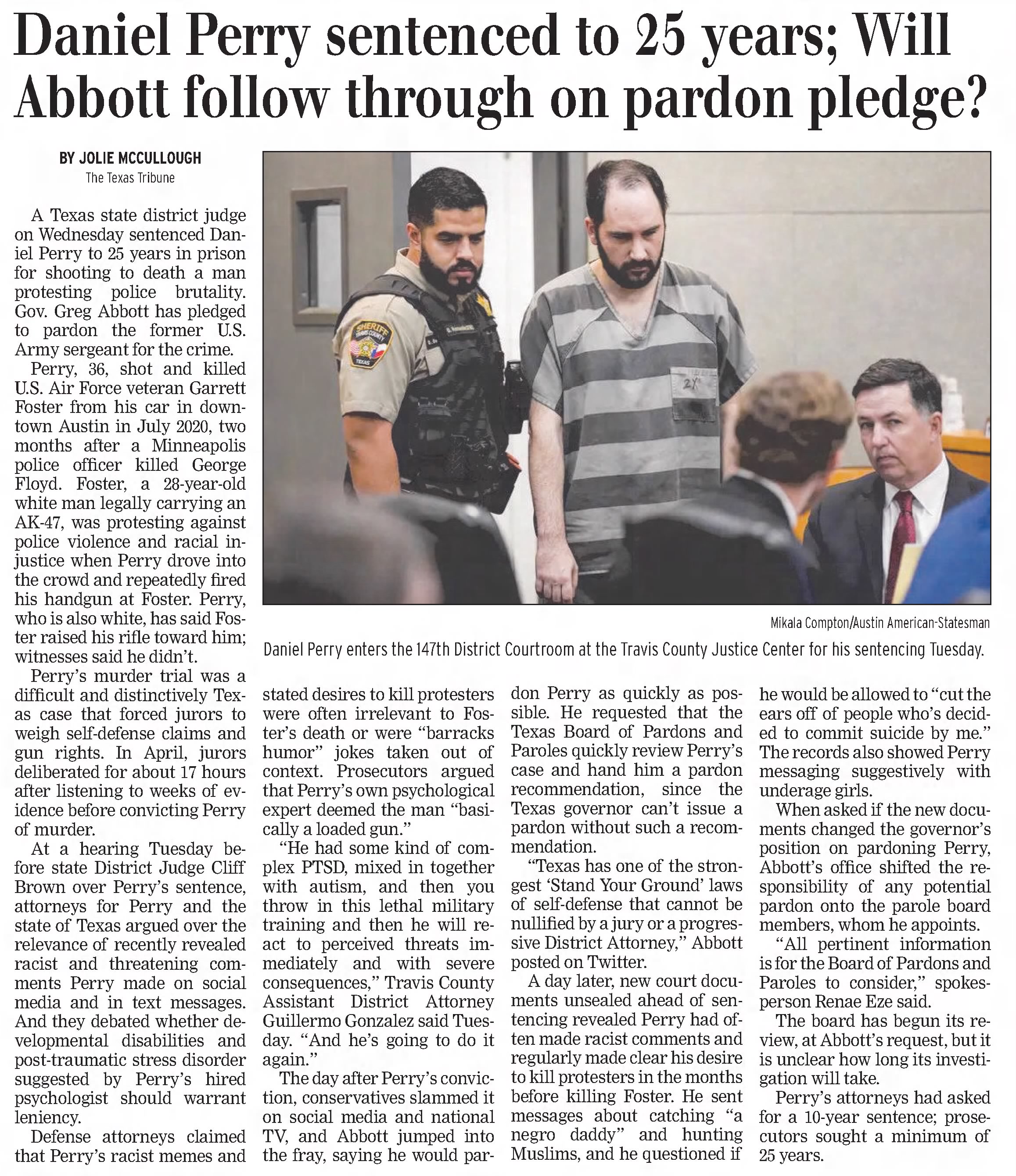 Daniel Perry sentenced to 25 years' Will Abbott follow through on pardon pledge?
Tyler Morning Telegraph
Tyler, Texas · Thursday, May 11, 2023