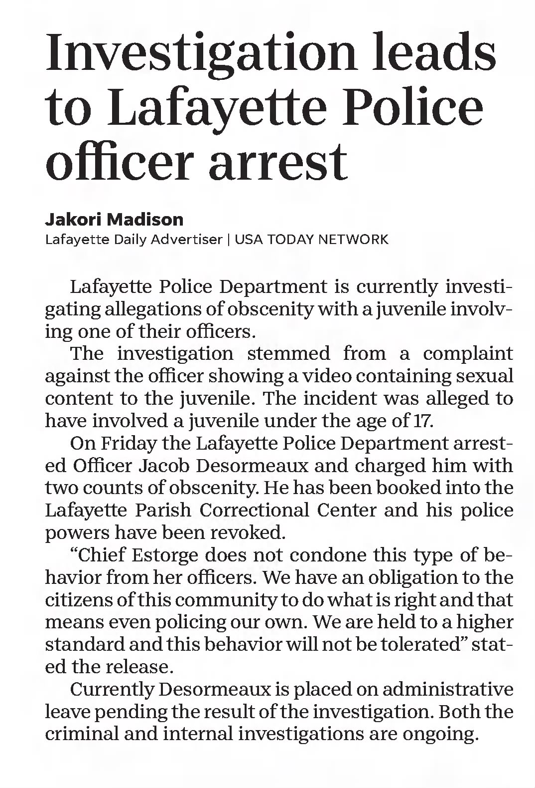 Investigation leads to Lafayette Police officer arrest
×
The Daily Advertiser
Lafayette, Louisiana · Sunday, April 23, 2023
