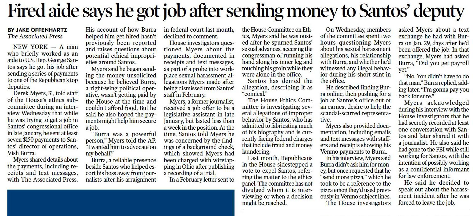 Fired aide says he got job after sending money to Santos' deputy 
Daily Gazette, The (Schenectady, NY)
June 1, 2023