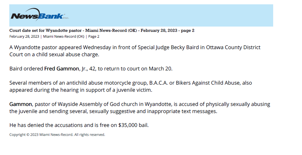 Court date set for Wyandotte pastor 
Miami News-Record (OK)
February 28, 2023