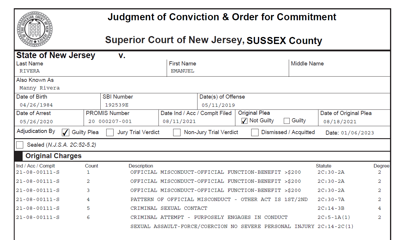 Judgement of Conviction and Order for Commitment - Superior Court of New Jersey, Sussex County