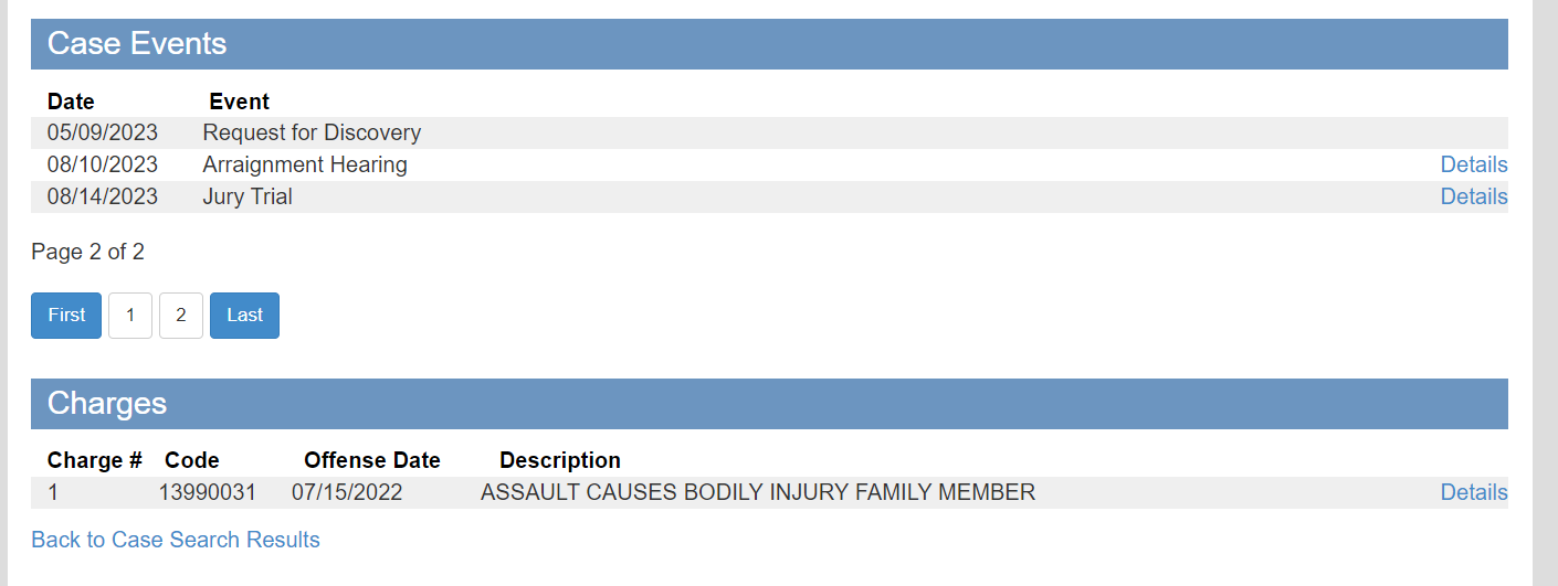 Same page, case events and charges
Assault Causes Bodily Injury Family Member