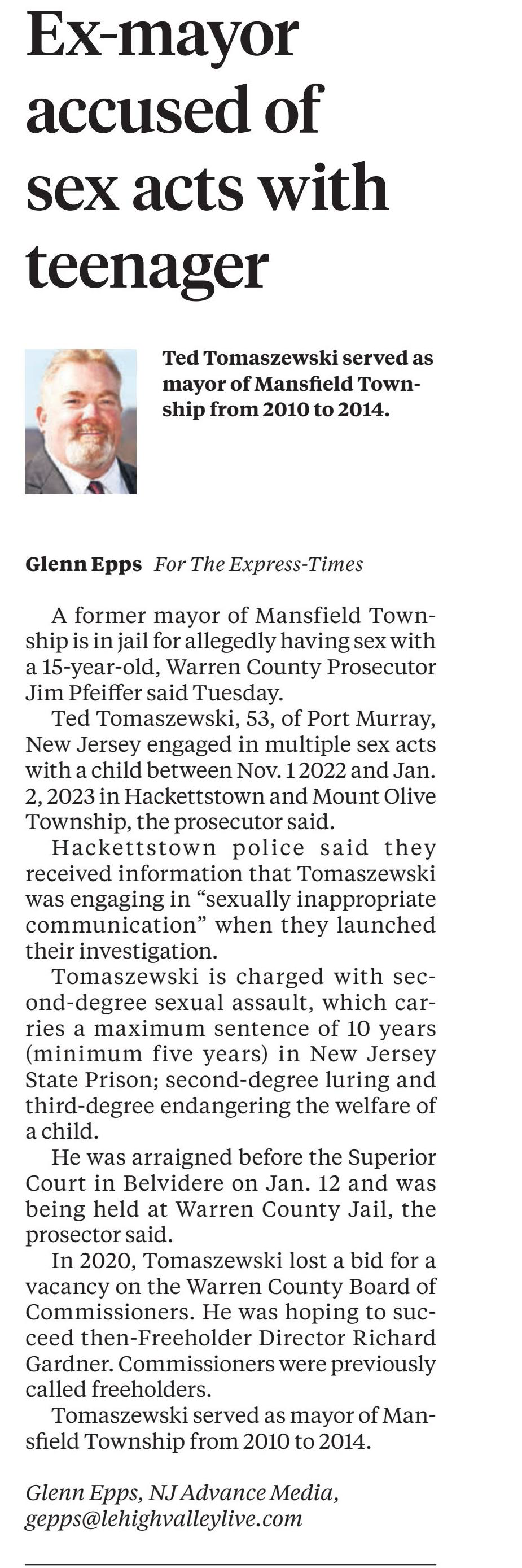 Ex-mayor accused of sex acts with teenager.
Express-Times, The (Easton, PA)
January 19, 2023