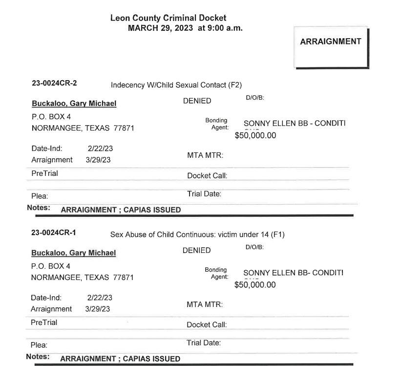 Leon County Criminal Docket
https://www.co.leon.tx.us/upload/page/4920/LEON%20CO%20FINAL%20MARCH%2029%202023.pdf