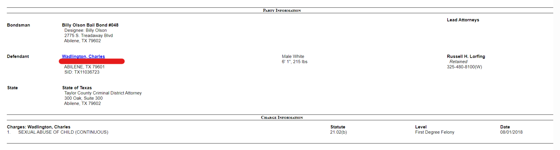 Taylor County Criminal Court Public Access 
SEXUAL ABUSE OF CHILD (CONTINUOUS)	
