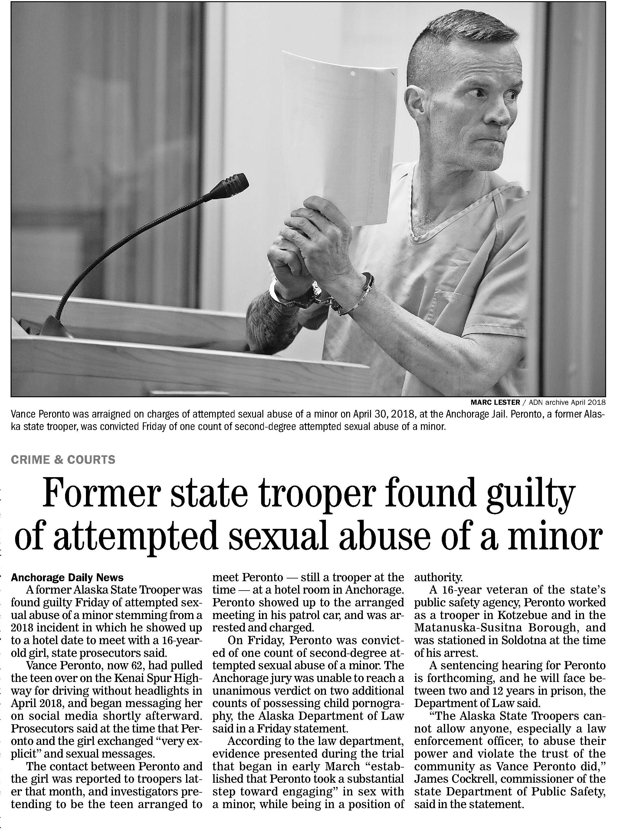 Former state trooper found guilty of attempted sexual abuse of a minor
Anchorage Daily News (AK)
March 26, 2023