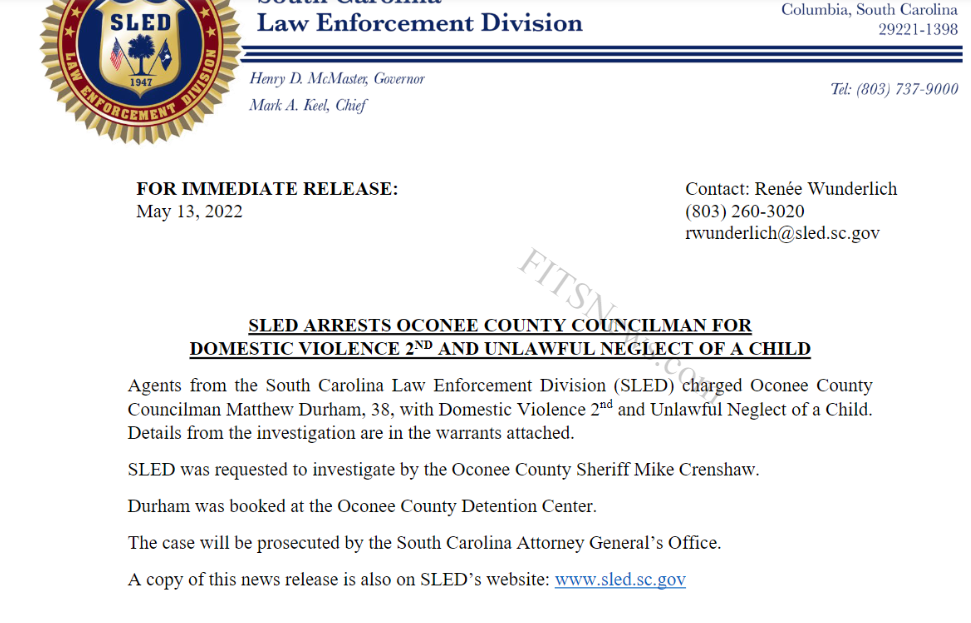 SLED Press Release announcing charges which has been removed the from SLED press release archive.