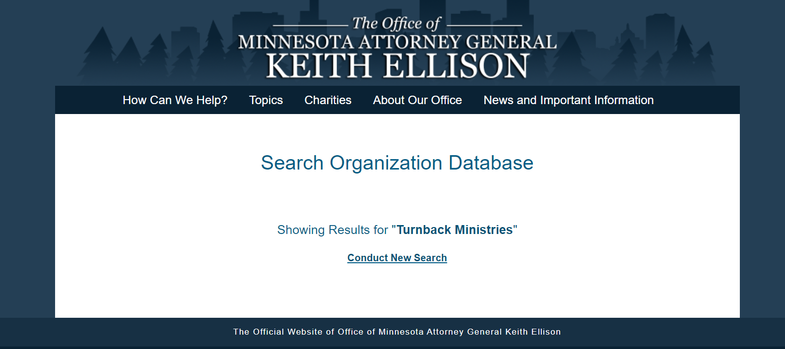 Search for Registered Charities in Minnesota has no results for Turnback Ministries