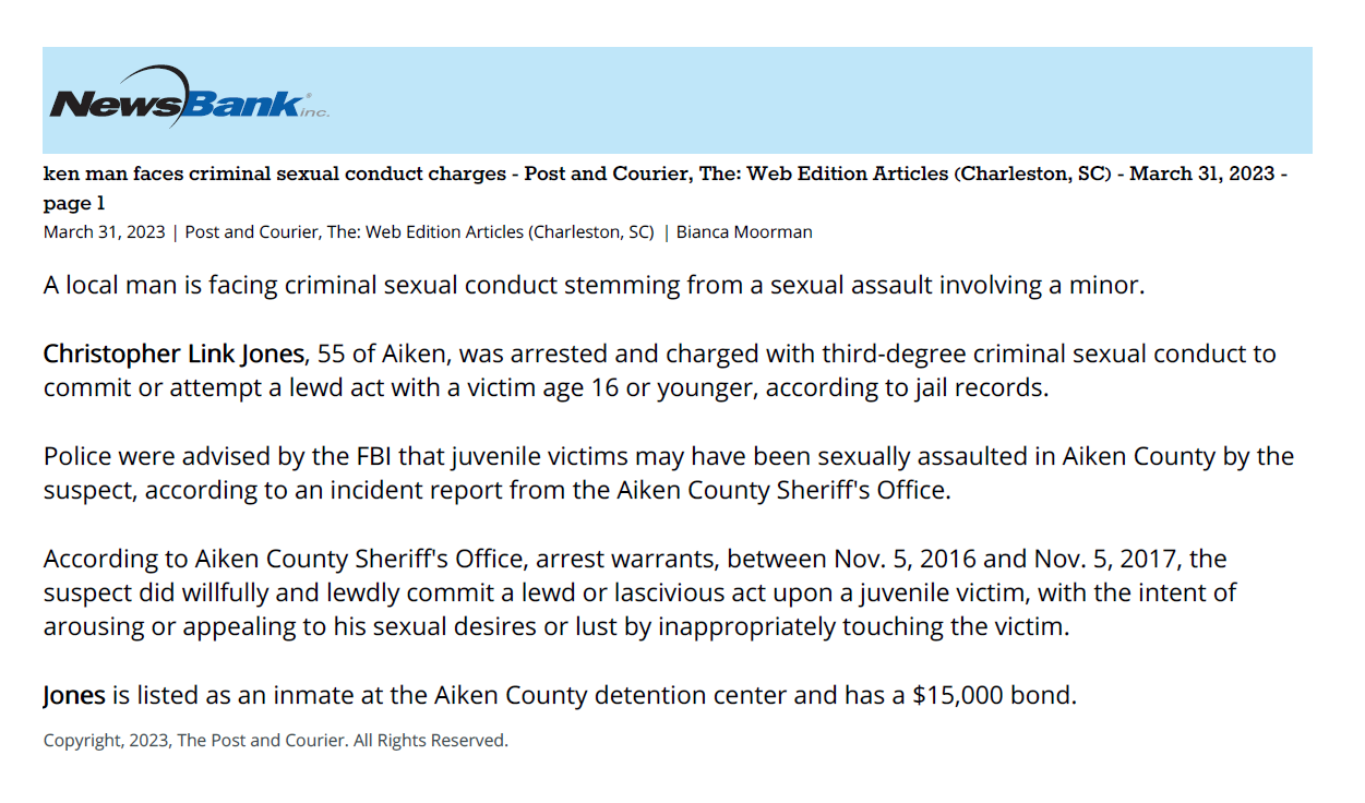 Aiken man faces criminal sexual conduct charges
Post and Courier, The: Web Edition Articles (Charleston, SC)