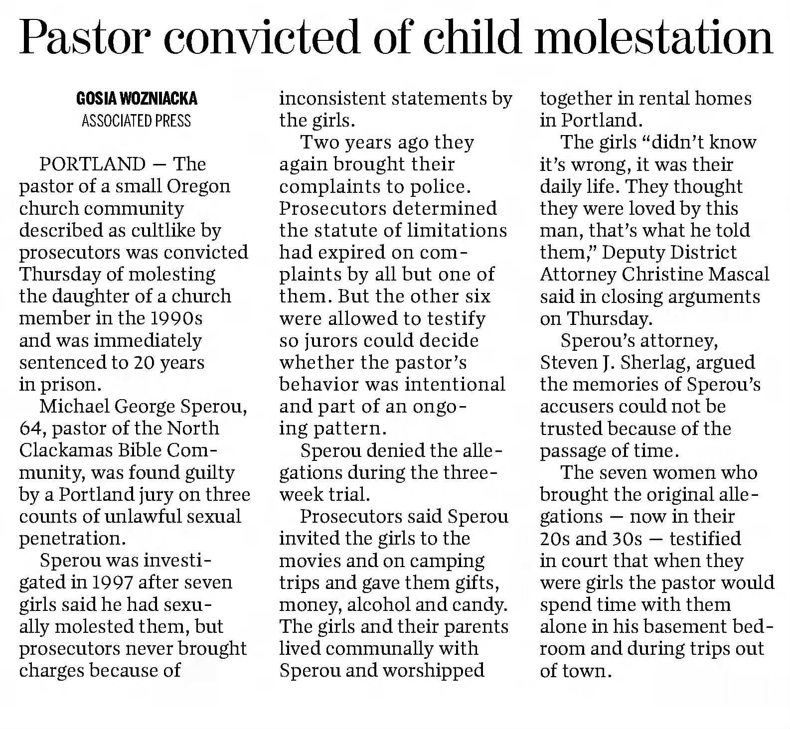 Pastor convicted of child molestation 
Albany Democrat-Herald
Albany, Oregon &middot; Friday, May 01, 2015