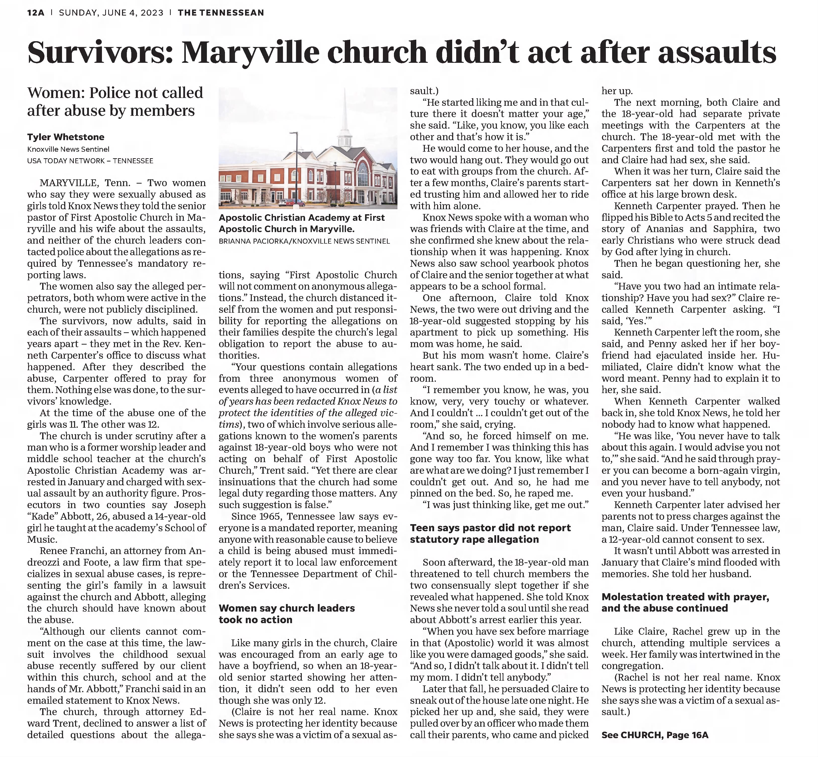 Survivors: Maryville church didn't act after assault
The Tennessean
Nashville, Tennessee · Sunday, June 04, 2023