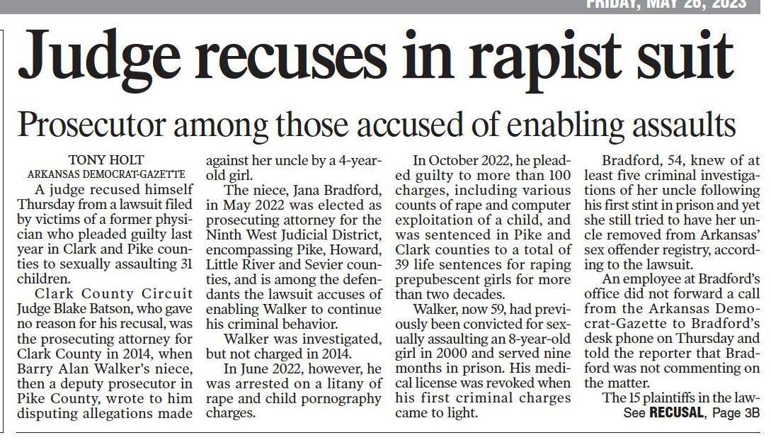 Judge recuses in rapist suit
Arkansas Democrat-Gazette (Little Rock, AR)
May 26, 2023