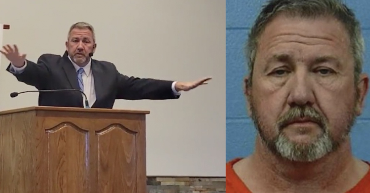 David Lloyd Walter preaching his arms extended next to his mug shot. 