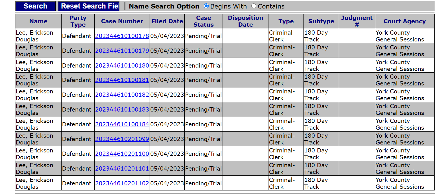Case Numbers of Erickson Douglas Lee at York County General Sessions SC
Lee, Erickson Douglas	Defendant	2023A4610100178	05/04/2023	Pending/Trial		Criminal-Clerk	180 Day Track	 	York County General Sessions
Lee, Erickson Douglas	Defendant	2023A4610100179	05/04/2023	Pending/Trial		Criminal-Clerk	180 Day Track	 	York County General Sessions
Lee, Erickson Douglas	Defendant	2023A4610100180	05/04/2023	Pending/Trial		Criminal-Clerk	180 Day Track	 	York County General Sessions
Lee, Erickson Douglas	Defendant	2023A4610100181	05/04/2023	Pending/Trial		Criminal-Clerk	180 Day Track	 	York County General Sessions
Lee, Erickson Douglas	Defendant	2023A4610100182	05/04/2023	Pending/Trial		Criminal-Clerk	180 Day Track	 	York County General Sessions
Lee, Erickson Douglas	Defendant	2023A4610100183	05/04/2023	Pending/Trial		Criminal-Clerk	180 Day Track	 	York County General Sessions
Lee, Erickson Douglas	Defendant	2023A4610100184	05/04/2023	Pending/Trial		Criminal-Clerk	180 Day Track	 	York County General Sessions
Lee, Erickson Douglas	Defendant	2023A4610201099	05/04/2023	Pending/Trial		Criminal-Clerk	180 Day Track	 	York County General Sessions
Lee, Erickson Douglas	Defendant	2023A4610201100	05/04/2023	Pending/Trial		Criminal-Clerk	180 Day Track	 	York County General Sessions
Lee, Erickson Douglas	Defendant	2023A4610201101	05/04/2023	Pending/Trial		Criminal-Clerk	180 Day Track	 	York County General Sessions
Lee, Erickson Douglas	Defendant	2023A4610201102	05/04/2023	Pending/Trial		Criminal-Clerk	180 Day Track	 	York County General Sessions