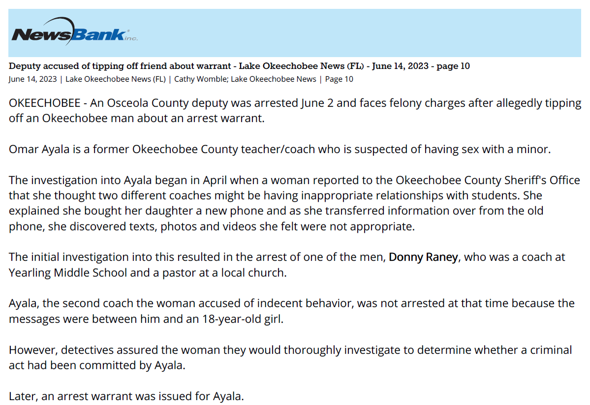 Deputy accsed of tipping off friend about warrant
Lake Okeechobee News
June 14, 2023