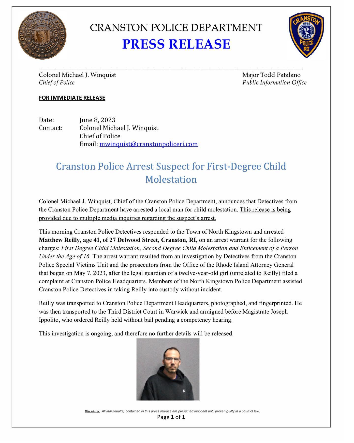 Cranston Police Department Press Release