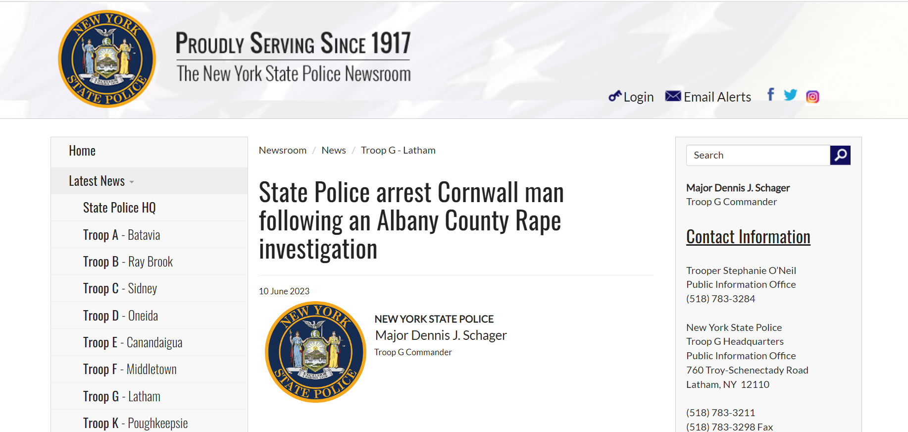 New York State Police Newsroom
State Police arrest Cornwall man following an Albany County Rape Investigation.