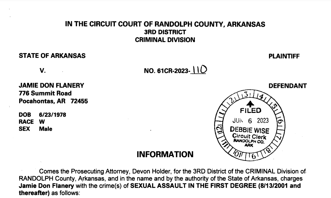 State of Arkansas v Jamie Don Flanery 
https://images.arcourts.gov/IMAGESimg/CK_Image.Present2?DMS_ID=37B422E4B564D6785497CDED9137ED3CD5477BFA82DAC9CDA6321B57FF144B6253C18366BF9F502C713F613DFBF2C113C81D3022F1AE0DA774CAB0705916C9E3&i_url=https://images.arcourts.gov/IMAGESimg
