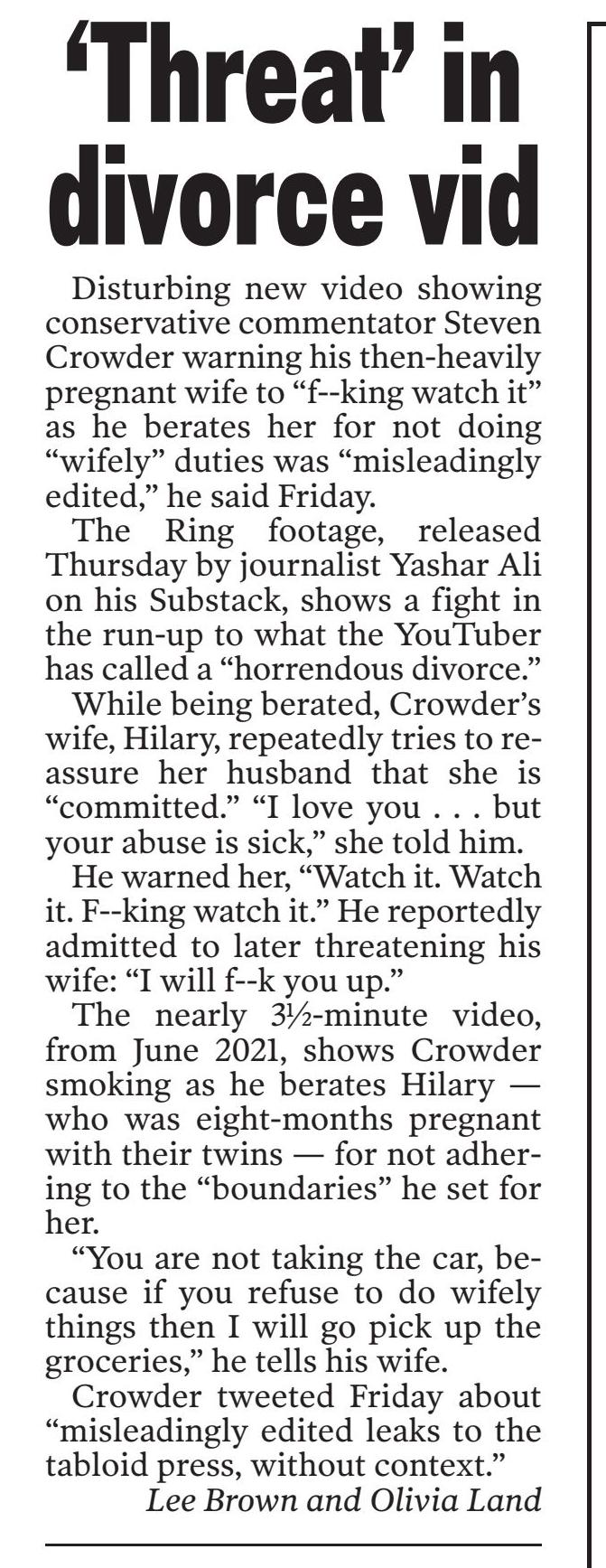 'Threat' in divorce vid
New York Post (NY)
April 29, 2023