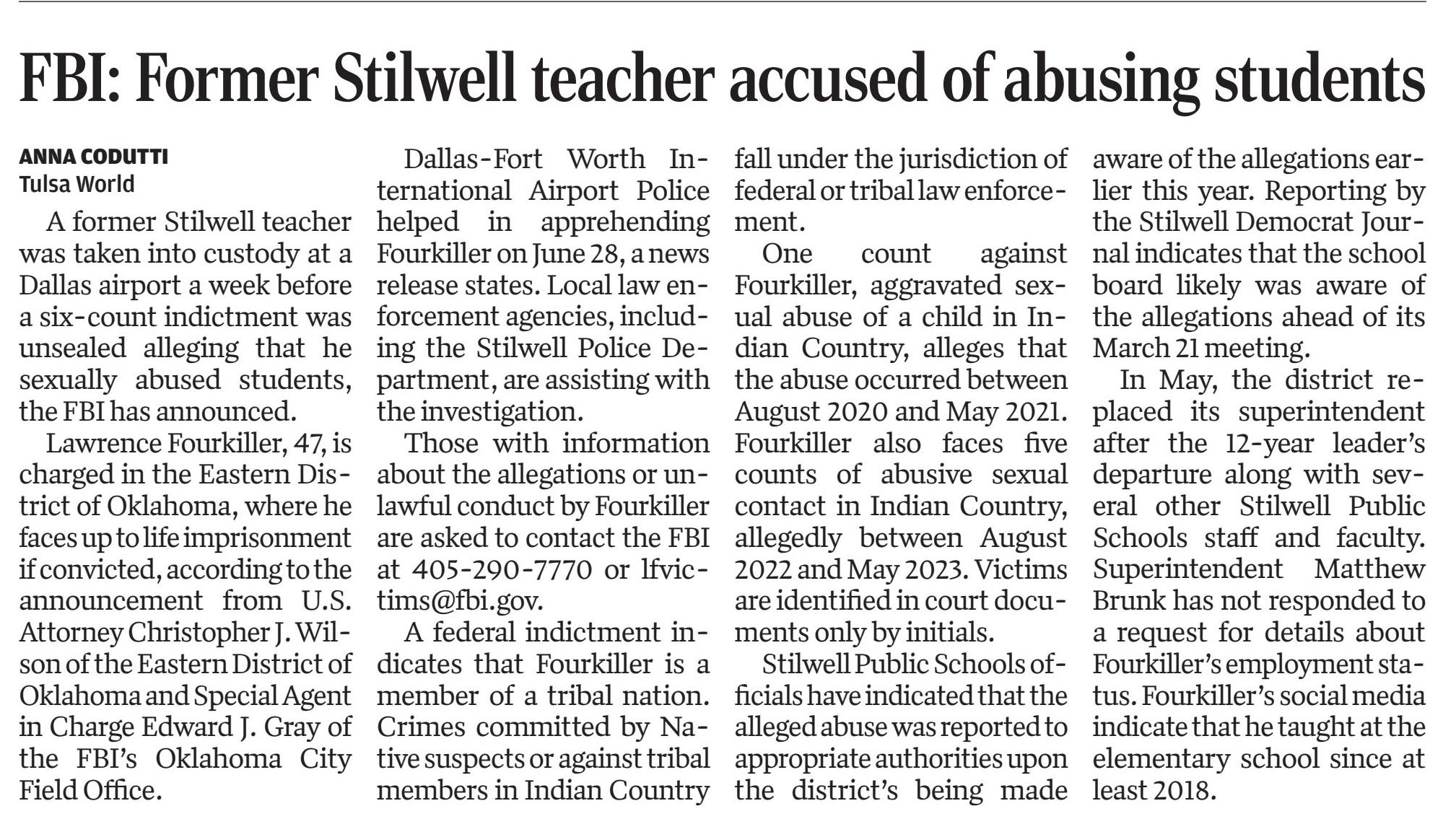 FBI: Former Stillwater teacher accused of abusing students.