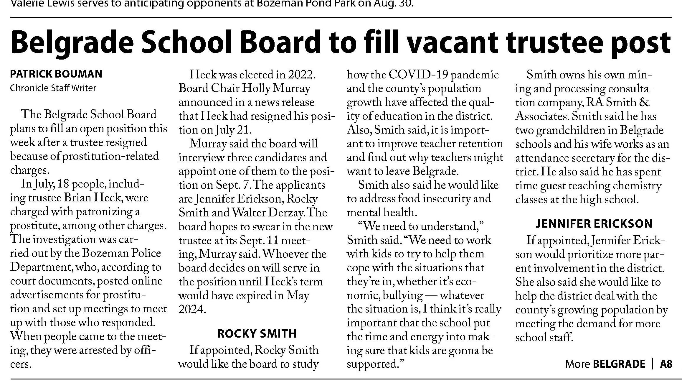 Belgrade School Board to fill vacant trustee post. 