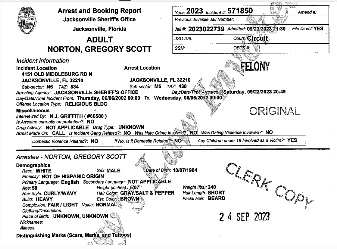 Scan of 1st page of Arrest and Booking Report