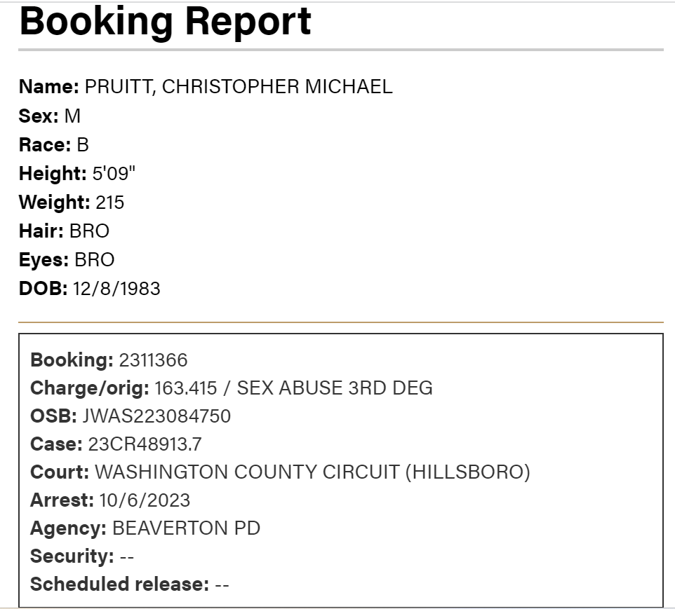 Booking Report
Name: PRUITT, CHRISTOPHER MICHAEL
Sex: M
Race: B
Height: 5'09"
Weight: 215
Hair: BRO
Eyes: BRO
DOB: 12/8/1983
Booking: 2311366
Charge/orig: 163.415 / SEX ABUSE 3RD DEG
OSB: JWAS223084750
Case: 23CR48913.7
Court: WASHINGTON COUNTY CIRCUIT (HILLSBORO)
Arrest: 10/6/2023
Agency: BEAVERTON PD
Security: --
Scheduled release: --