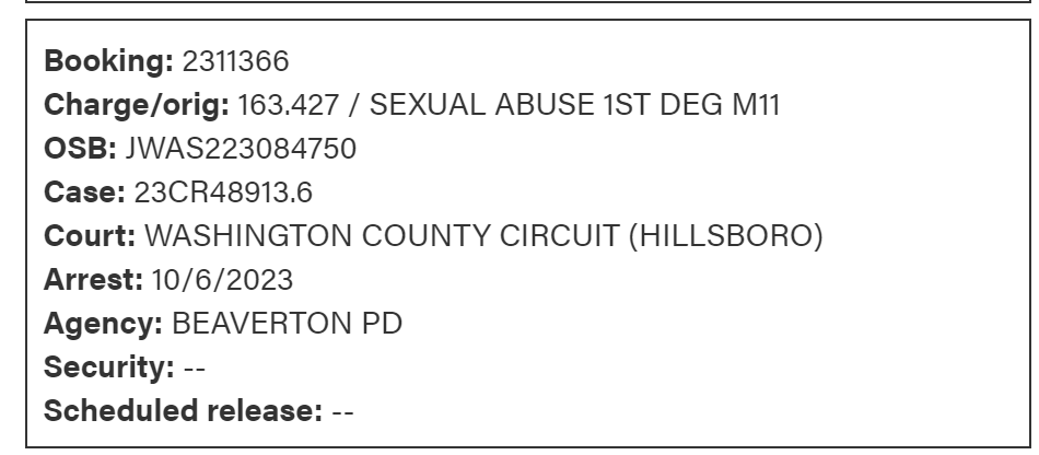 Booking: 2311366
Charge/orig: 163.427 / SEXUAL ABUSE 1ST DEG M11
OSB: JWAS223084750
Case: 23CR48913.6
Court: WASHINGTON COUNTY CIRCUIT (HILLSBORO)
Arrest: 10/6/2023
Agency: BEAVERTON PD
Security: --
Scheduled release: --
