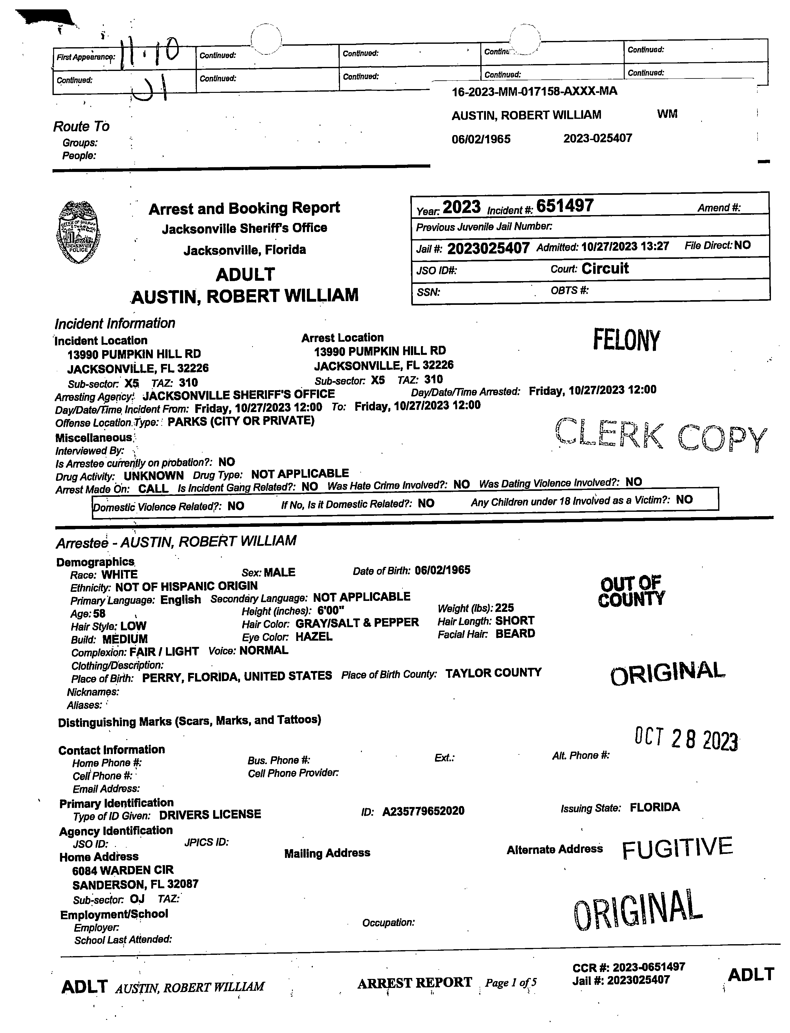 Booking document, Scans of six pages. Not able to select text.
Page 1: Name, date, address, description
Page 2: Out of County Warrant for arrest information
Page 3 and 4: List of charges and bond for each
Page 5 info on arresting officers
Page 6, signature, thumbprint