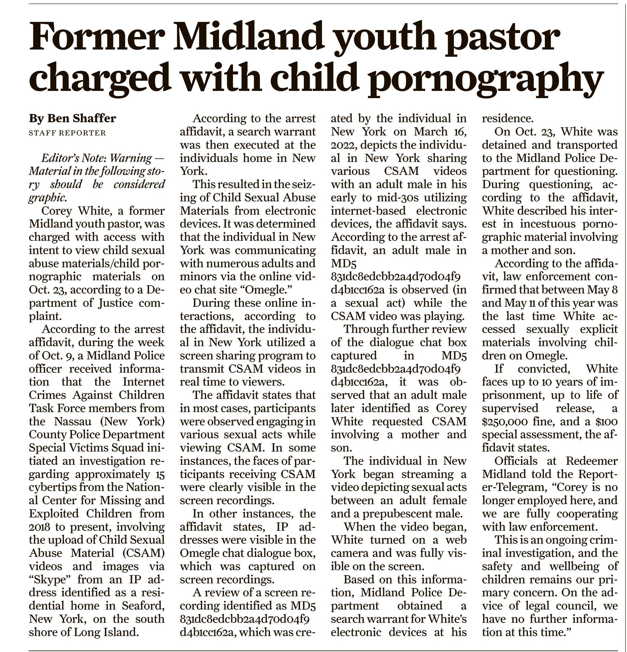 Text at Midland Reporter Telegram: Former Midland youth pastor charged with child pornography