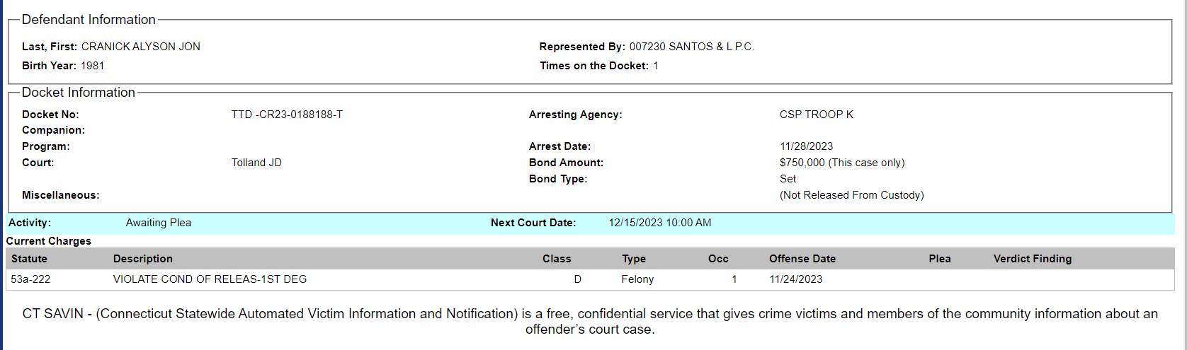 Defendant Information
Last, First: CRANICK ALYSON JON Represented By: 007230 SANTOS & L P.C.
Birth Year: 1981 Times on the Docket: 1
Docket Information
Docket No: TTD -CR23-0188188-T Arresting Agency: CSP TROOP K
Companion:
Program: Arrest Date: 11/28/2023
Court: Tolland JD Bond Amount: $750,000 (This case only)
Bond Type: Set
Miscellaneous: (Not Released From Custody)
Activity: Awaiting Plea Next Court Date: 12/15/2023 10:00 AM
Current Charges
Statute Description Class Type Occ Offense Date Plea Verdict Finding
53a-222 VIOLATE COND OF RELEAS-1ST DEG D Felony 1 11/24/2023