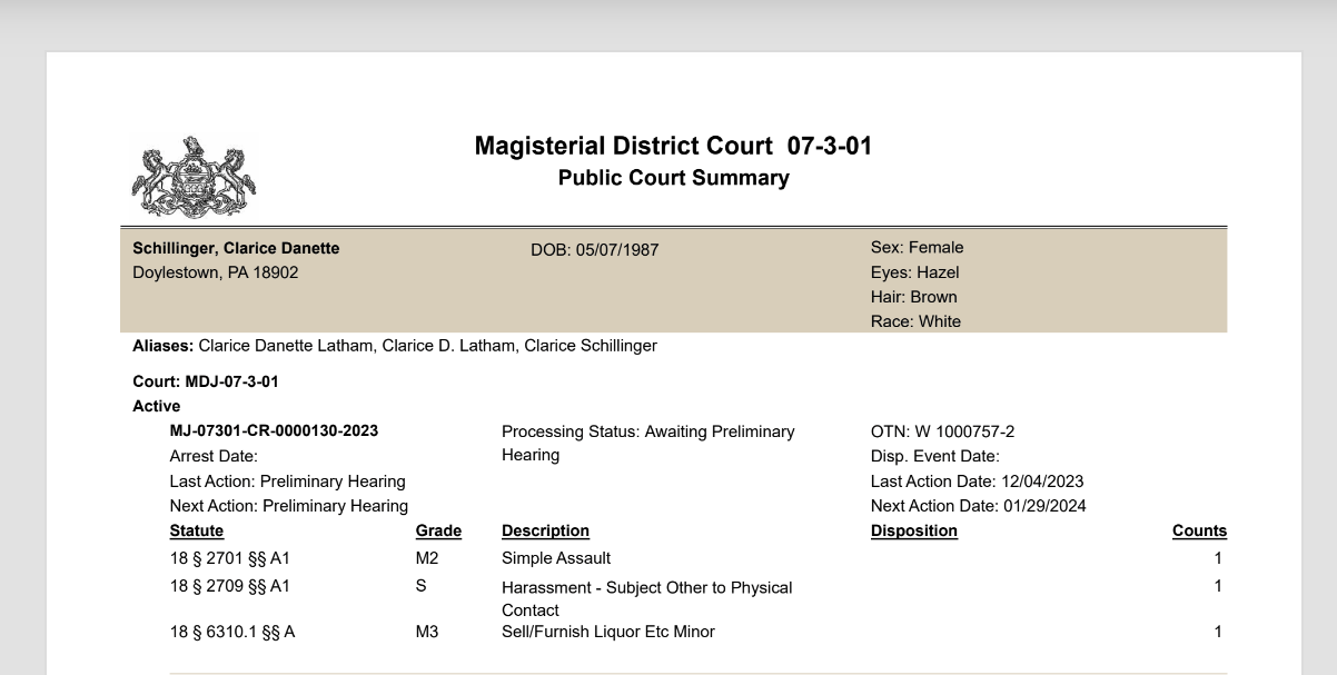 Magisterial District Court 07-3-01 Public Court Summary Doylestown, PA 18902 DOB: 05/07/1987 Sex: Female Eyes: Hazel Hair: Brown Race: White Schillinger, Clarice Danette Aliases: Clarice Danette Latham, Clarice D. Latham, Clarice Schillinger Court: MDJ-07-3-01 Active MJ-07301-CR-0000130-2023 Processing Status: Awaiting Preliminary Hearing Arrest Date: Disp. Event Date: Last Action: Preliminary Hearing Next Action: Preliminary Hearing Last Action Date: 12/04/2023 Next Action Date: 01/29/2024 OTN: W 1000757-2 Disposition Description Grade Statute Counts M2 Simple Assault 1 18 § 2701 §§ A1 S Harassment - Subject Other to Physical Contact 1 18 § 2709 §§ A1 M3 Sell/Furnish Liquor Etc Minor 1 18 § 6310.1 §§ A