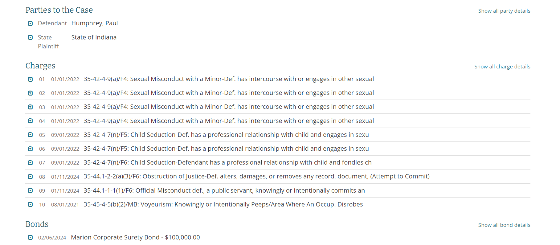 Parties to the Case
Show all party details
Defendant	Humphrey, Paul
State Plaintiff	State of Indiana
Charges
Show all charge details
35-42-4-9(a)/F4: Sexual Misconduct with a Minor-Def. has intercourse with or engages in other sexual
35-42-4-9(a)/F4: Sexual Misconduct with a Minor-Def. has intercourse with or engages in other sexual
35-42-4-9(a)/F4: Sexual Misconduct with a Minor-Def. has intercourse with or engages in other sexual
35-42-4-9(a)/F4: Sexual Misconduct with a Minor-Def. has intercourse with or engages in other sexual
35-42-4-7(n)/F5: Child Seduction-Def. has a professional relationship with child and engages in sexu
35-42-4-7(n)/F5: Child Seduction-Def. has a professional relationship with child and engages in sexu
35-42-4-7(n)/F6: Child Seduction-Defendant has a professional relationship with child and fondles ch
35-44.1-2-2(a)(3)/F6: Obstruction of Justice-Def. alters, damages, or removes any record, document, (Attempt to Commit)
35-44.1-1-1(1)/F6: Official Misconduct def., a public servant, knowingly or intentionally commits an
35-45-4-5(b)(2)/MB: Voyeurism: Knowingly or Intentionally Peeps/Area Where An Occup. Disrobes
Bonds
Show all bond details
Marion Corporate Surety Bond - $100,000.00