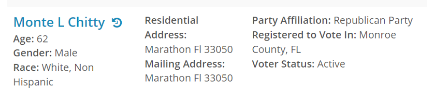 Monte L Chitty
Age 62
Marathon, FL 33050
Affiliation: Republican Party
Monroe County, FL