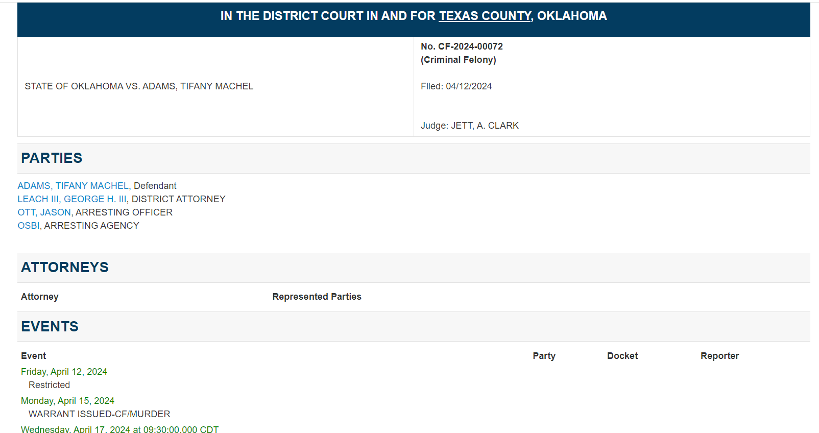 OSCN
HOME
COURTS
DECISIONS
PROGRAMS
NEWS
LEGAL RESEARCH
COURT RECORDS
QUICK LINKS
The information on this page is NOT an official record. Do not rely on the correctness or completeness of this information. Verify all information with the official record keeper. The information contained in this report is provided in compliance with the Oklahoma Open Records Act, 51 O.S. 24A.1. Use of this information is governed by this act, as well as other applicable state and federal laws.
IN THE DISTRICT COURT IN AND FOR TEXAS COUNTY, OKLAHOMA
STATE OF OKLAHOMA VS. ADAMS, TIFANY MACHEL No. CF-2024-00072
(Criminal Felony)
Filed: 04/12/2024
Judge: JETT, A. CLARK
PARTIES
ADAMS, TIFANY MACHEL, Defendant
LEACH III, GEORGE H. III, DISTRICT ATTORNEY
OTT, JASON, ARRESTING OFFICER
OSBI, ARRESTING AGENCY
ATTORNEYS
Attorney Represented Parties
EVENTS
Event Party Docket Reporter
Friday, April 12, 2024
Restricted
Monday, April 15, 2024
WARRANT ISSUED-CF/MURDER
Wednesday, April 17, 2024 at 09:30:00.000 CDT
INITIAL APPEARANCE
Wednesday, May 15, 2024 at 09:00:00.000 CDT
ATTORNEY STATUS HEARING
COUNTS
1. MURDER IN THE FIRST DEGREE - DELIBERATE INTENT
2. MURDER IN THE FIRST DEGREE - DELIBERATE INTENT
3. KIDNAPPING, in violation of 21 O.S. 741
4. KIDNAPPING, in violation of 21 O.S. 741
5. CONSPIRACY TO COMMIT MURDER IN THE FIRST DEGREE - DELIBERATE INTENT